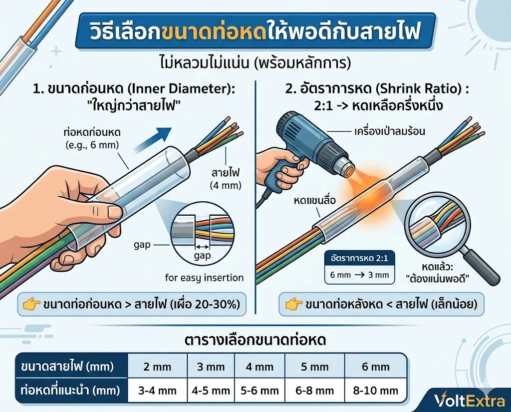 วิธีเลือกขนาดท่อหดให้พอดีกับสายไฟ ตารางขนาดท่อหด
