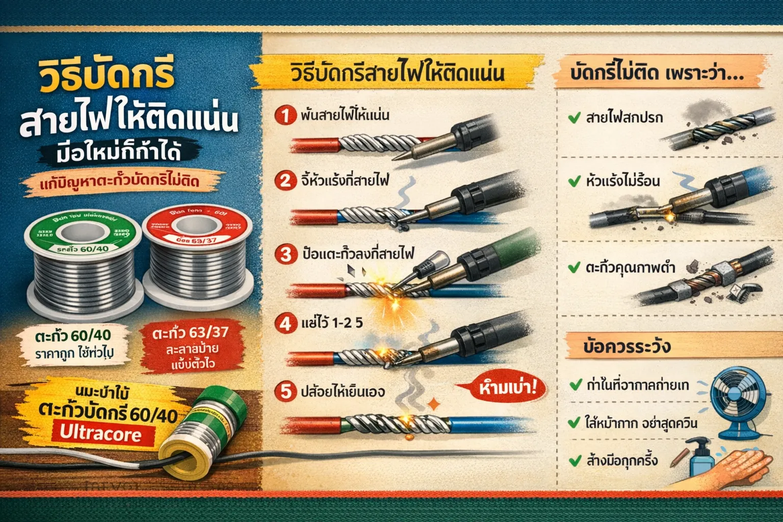 วิธีบัดกรีสายไฟให้ติดแน่น แก้ปัญหาตะกั่วบัดกรีไม่ติด